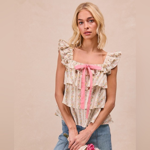 💗BiBi Floral Printed Woven Front Bow Tied Ruffled Square Neck Sleeveless Top - Picture 6 of 12